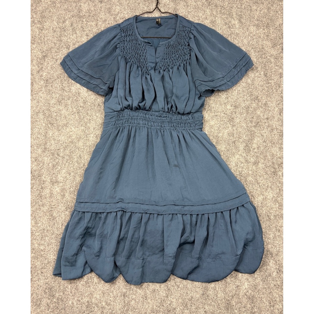 Anthropologie Smocked Mini Dress Blue Short Sleeve Tiered Skirt Size M